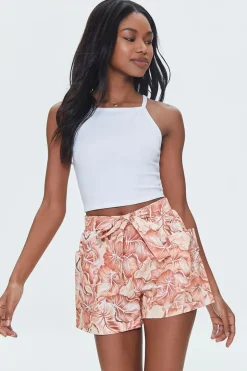 Tropical Leaf Print Belted Shorts