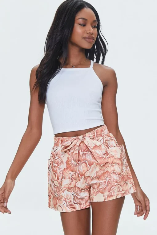 Tropical Leaf Print Belted Shorts