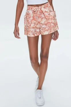Tropical Leaf Print Belted Shorts