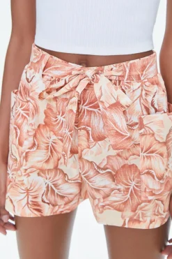 Tropical Leaf Print Belted Shorts
