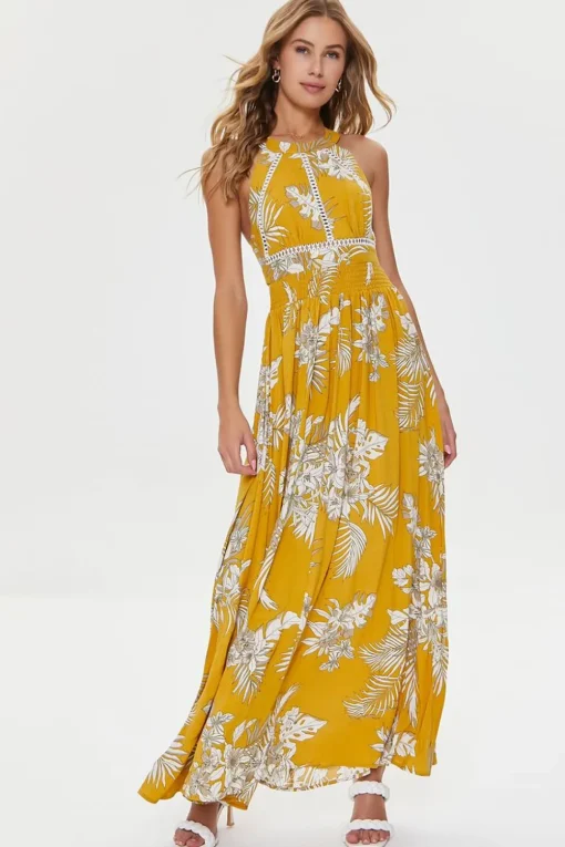 Tropical Leaf Print Maxi Dress