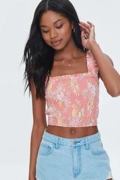 Tropical Leaf Smocked Crop Top