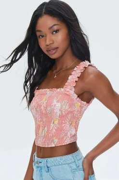 Tropical Leaf Smocked Crop Top