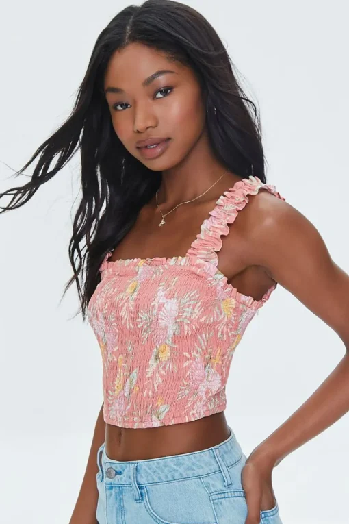 Tropical Leaf Smocked Crop Top