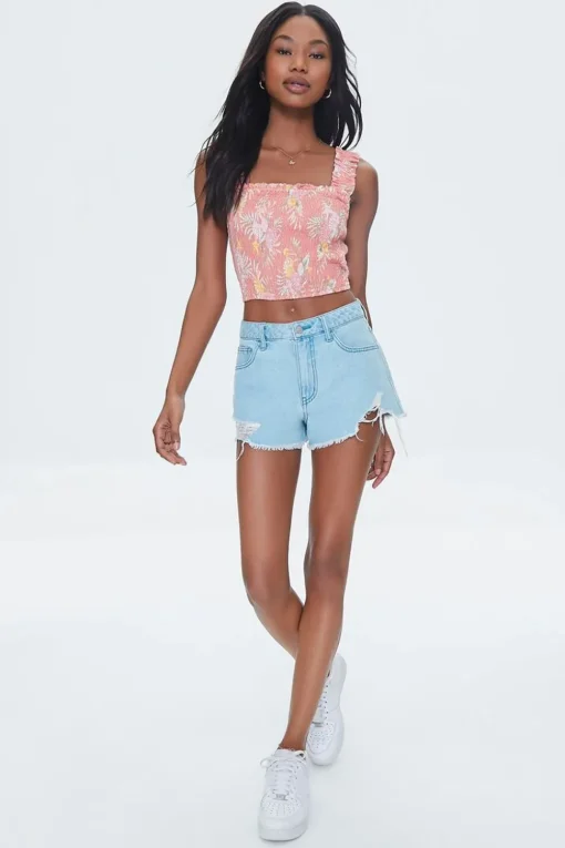 Tropical Leaf Smocked Crop Top
