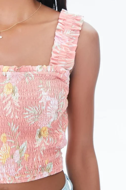 Tropical Leaf Smocked Crop Top