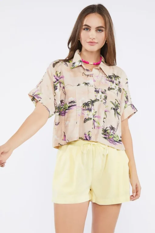 Tropical Print Linen-Blend Shirt