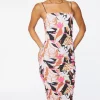 Tropical Print Ruched Midi Dress