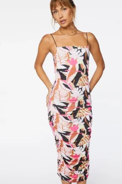 Tropical Print Ruched Midi Dress