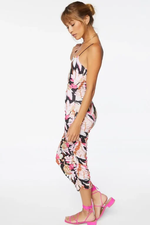 Tropical Print Ruched Midi Dress