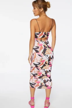 Tropical Print Ruched Midi Dress