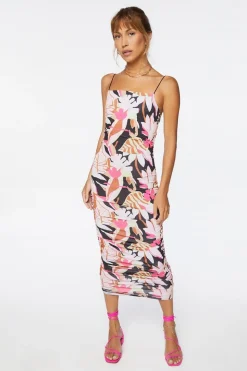 Tropical Print Ruched Midi Dress