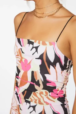 Tropical Print Ruched Midi Dress