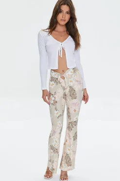 Tropical Print Self-Tie Flare Pants