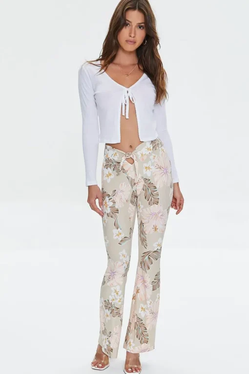 Tropical Print Self-Tie Flare Pants