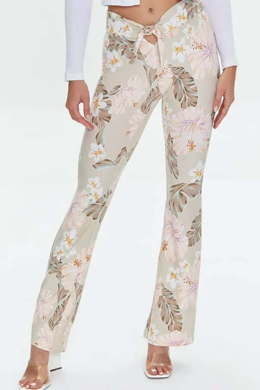 Tropical Print Self-Tie Flare Pants