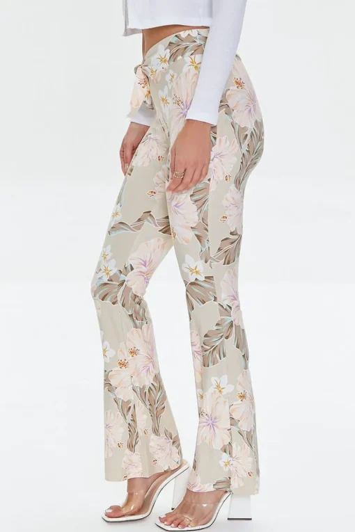 Tropical Print Self-Tie Flare Pants