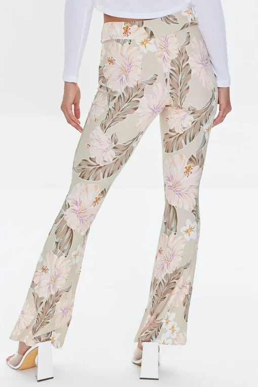 Tropical Print Self-Tie Flare Pants