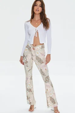 Tropical Print Self-Tie Flare Pants