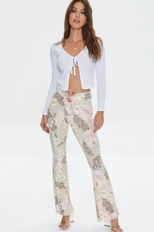 Tropical Print Self-Tie Flare Pants