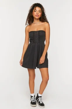 Twill Crochet-Trim Strapless Mini Dress