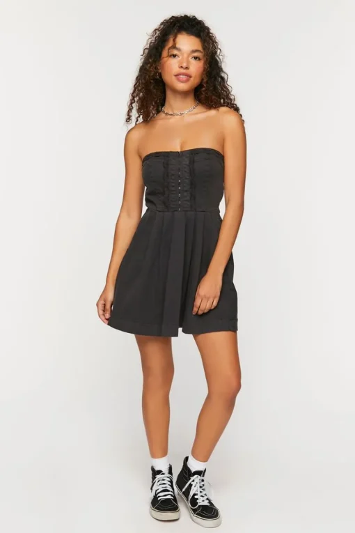 Twill Crochet-Trim Strapless Mini Dress