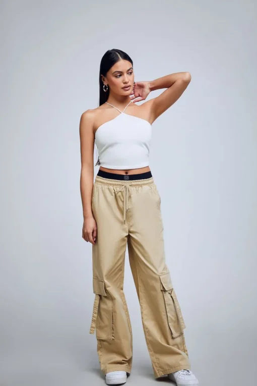 Twill Wide-Leg Cargo Pants