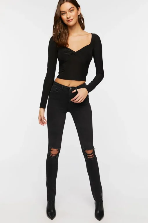 Twist-Front Long-Sleeve Crop Top