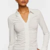 V-Neck Shirred Long-Sleeve Shirt