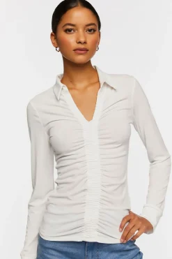 V-Neck Shirred Long-Sleeve Shirt