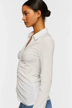 V-Neck Shirred Long-Sleeve Shirt