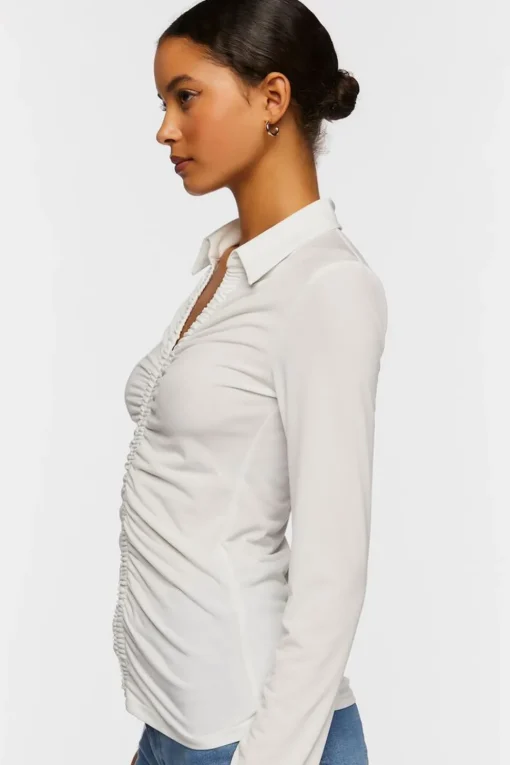 V-Neck Shirred Long-Sleeve Shirt