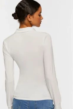 V-Neck Shirred Long-Sleeve Shirt