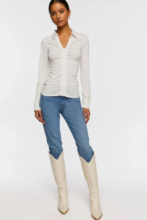 V-Neck Shirred Long-Sleeve Shirt