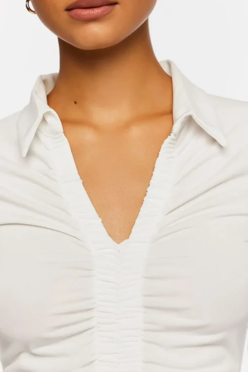 V-Neck Shirred Long-Sleeve Shirt