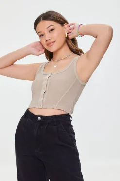 Waffle Knit Button-Front Crop Top