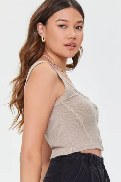 Waffle Knit Button-Front Crop Top