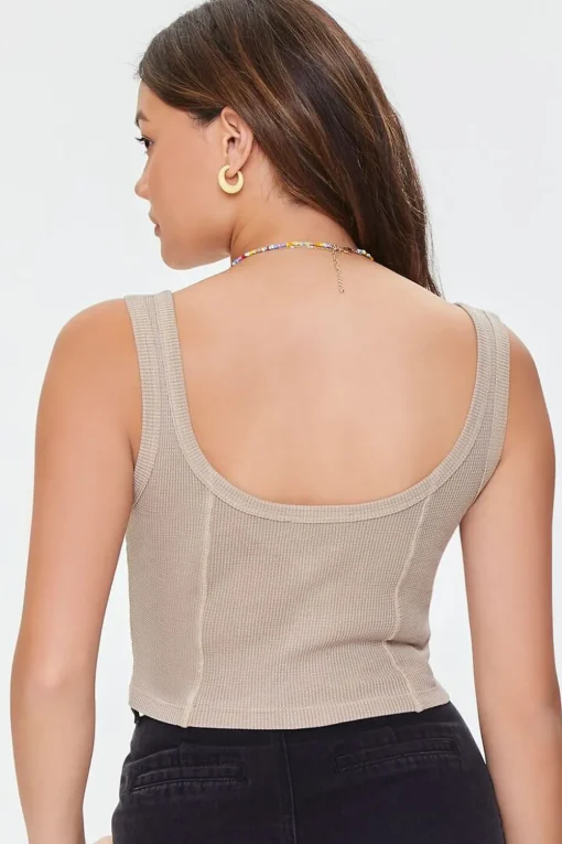 Waffle Knit Button-Front Crop Top