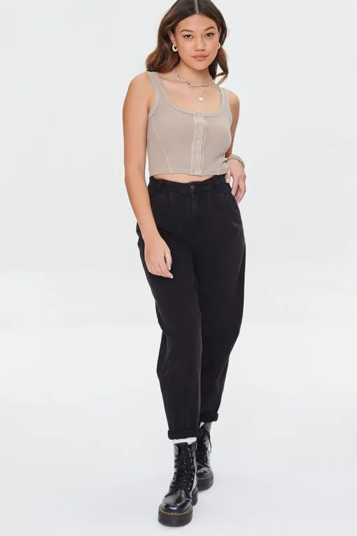 Waffle Knit Button-Front Crop Top