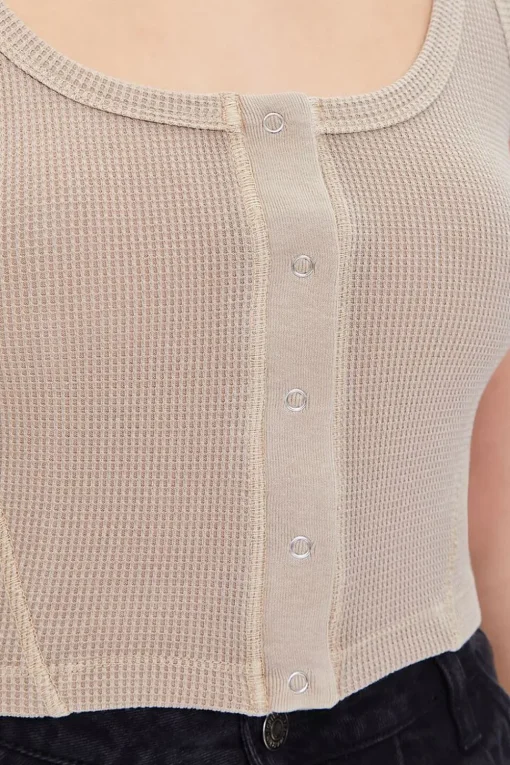 Waffle Knit Button-Front Crop Top