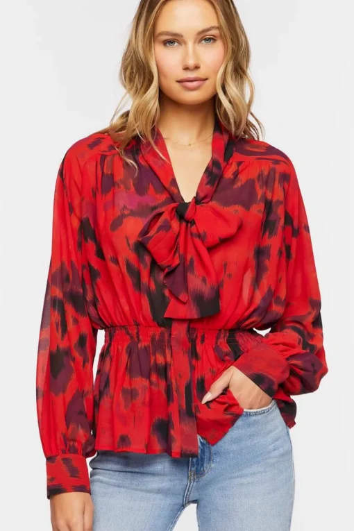 Watercolor Floral Tie-Neck Top