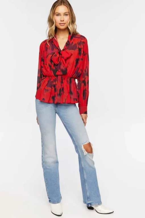 Watercolor Floral Tie-Neck Top