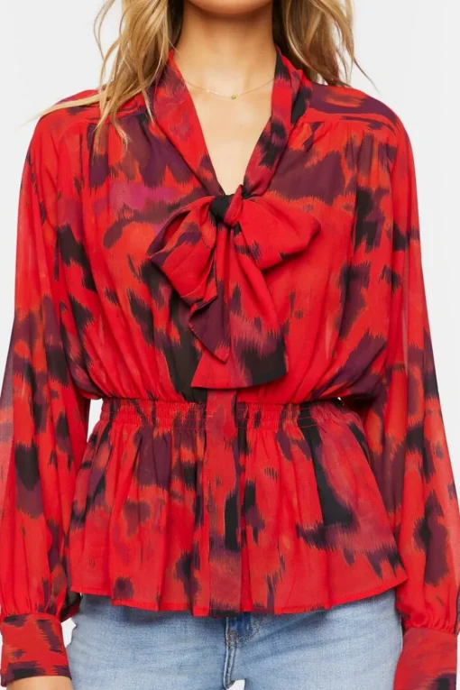 Watercolor Floral Tie-Neck Top