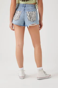 Zebra Print-Pocket Denim Shorts