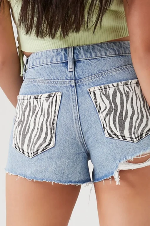 Zebra Print-Pocket Denim Shorts